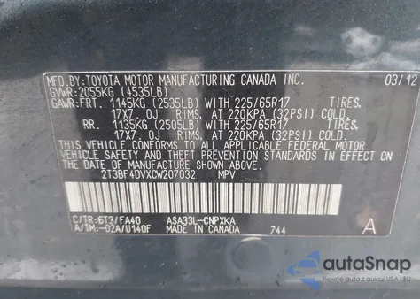 2012 Toyota Rav4 из США, поврежденный, VIN 2T3BF4DVXCW207032